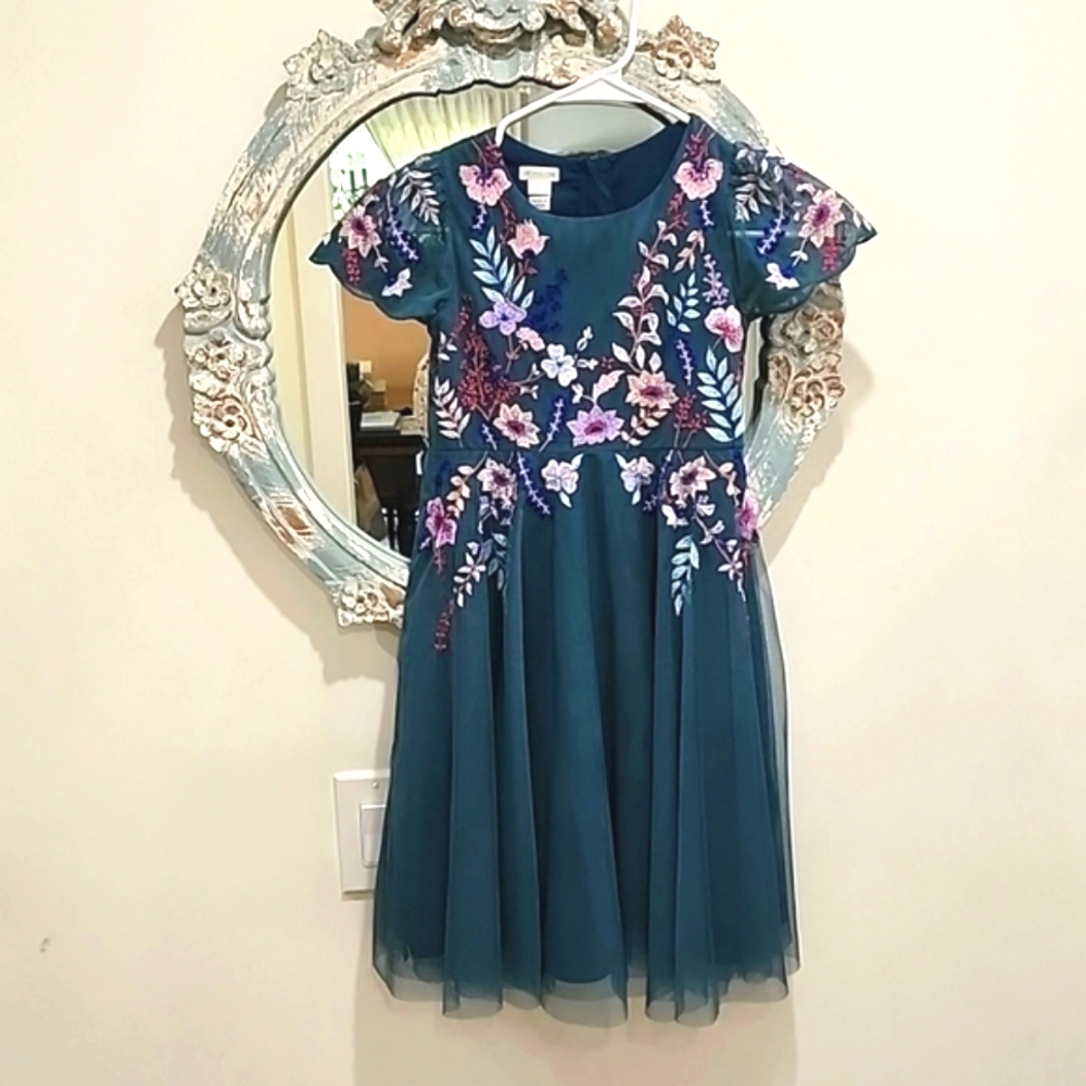 Monsoon tulle dress with floral embroidery and scalloped cap sleeves